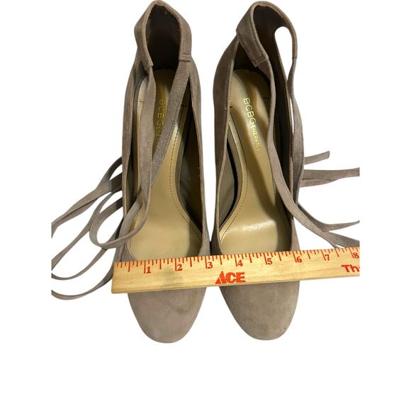 BCBGeneration Beige Taupe Suede Ellah Pumps Tie Wrap High Heels Stilettos Size 8 - Picture 8 of 16